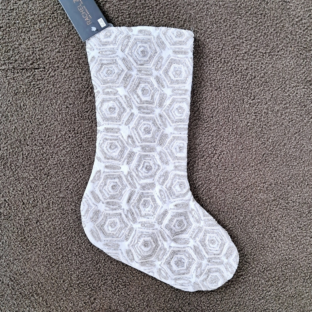 Rachel Zoe White Beaded Jeweled Christmas Stocking 22" New